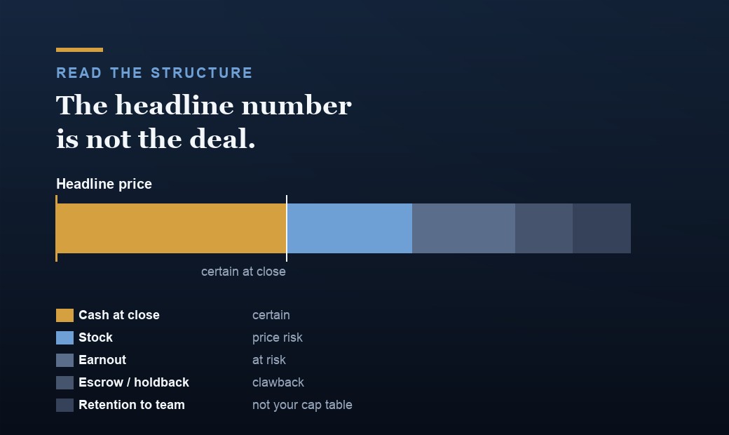 Deal structure: the headline price split into cash at close (certain), stock (price risk), earnout (at risk), escrow or holdback (clawback), and retention paid to employees.