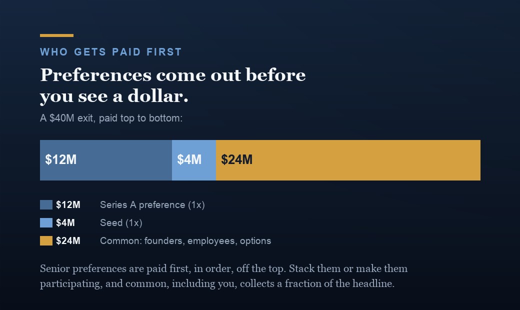 An illustrative exit waterfall on a $40 million sale: $12 million paid to Series A as a 1x preference, $4 million to Seed as a 1x preference, and the remaining $24 million distributed to common, shown as a single segmented bar.
