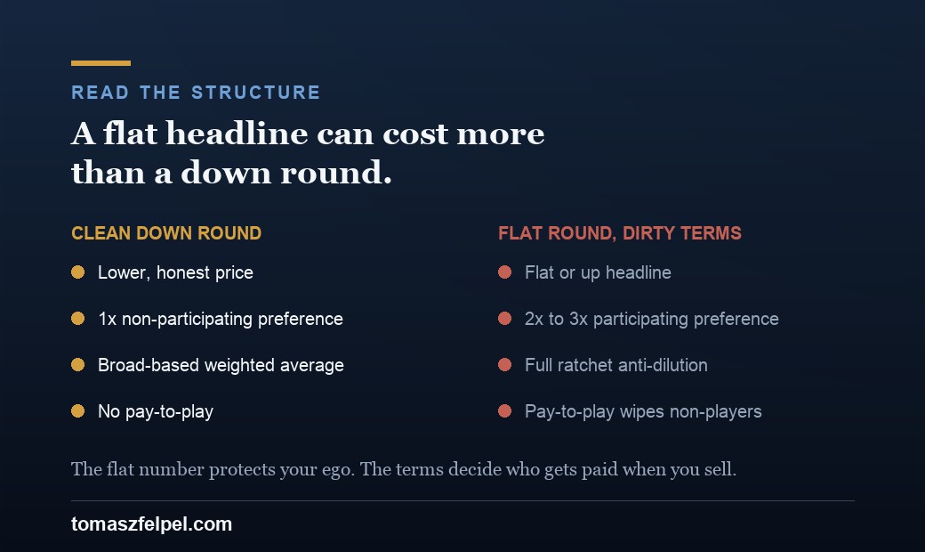 A clean lower-priced round with 1x nonparticipating preferred and weighted-average anti-dilution versus a flat round with 2x participating preference, full ratchet, and pay-to-play, showing the flat round returns less to common on most exits.