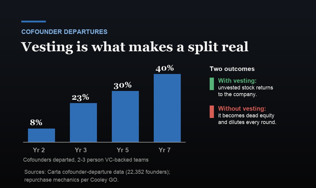 Carta cofounder departure rates for two and three person venture-backed teams: about 8 percent by year two, 23 percent by year three, 30 percent by year five, and 40 percent by year seven, alongside the two outcomes, unvested stock returning to the company with vesting or becoming dead equity without it.