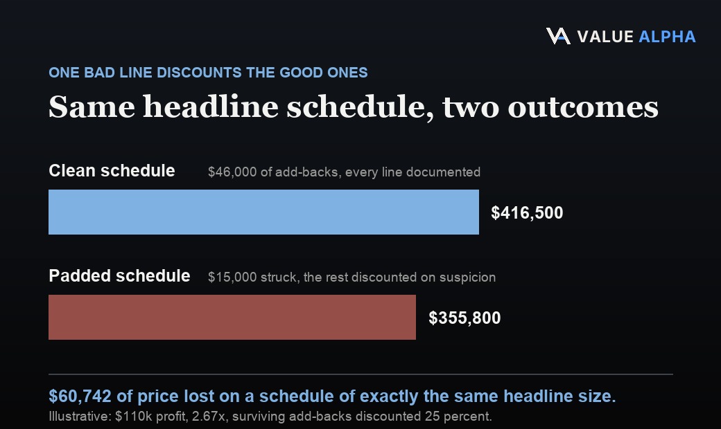 An illustrative comparison of two add-back schedules of the same headline size: a clean schedule where all five lines are documented and survive, against a padded schedule where one line is struck and the remaining four are discounted out of suspicion, producing a materially lower final price.