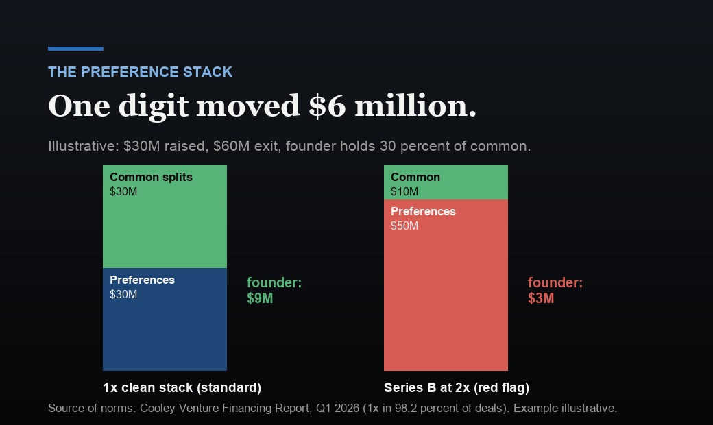 Exit waterfall comparison: a 1x preference stack leaves common 30 million dollars, a 2x Series B preference leaves 10 million.